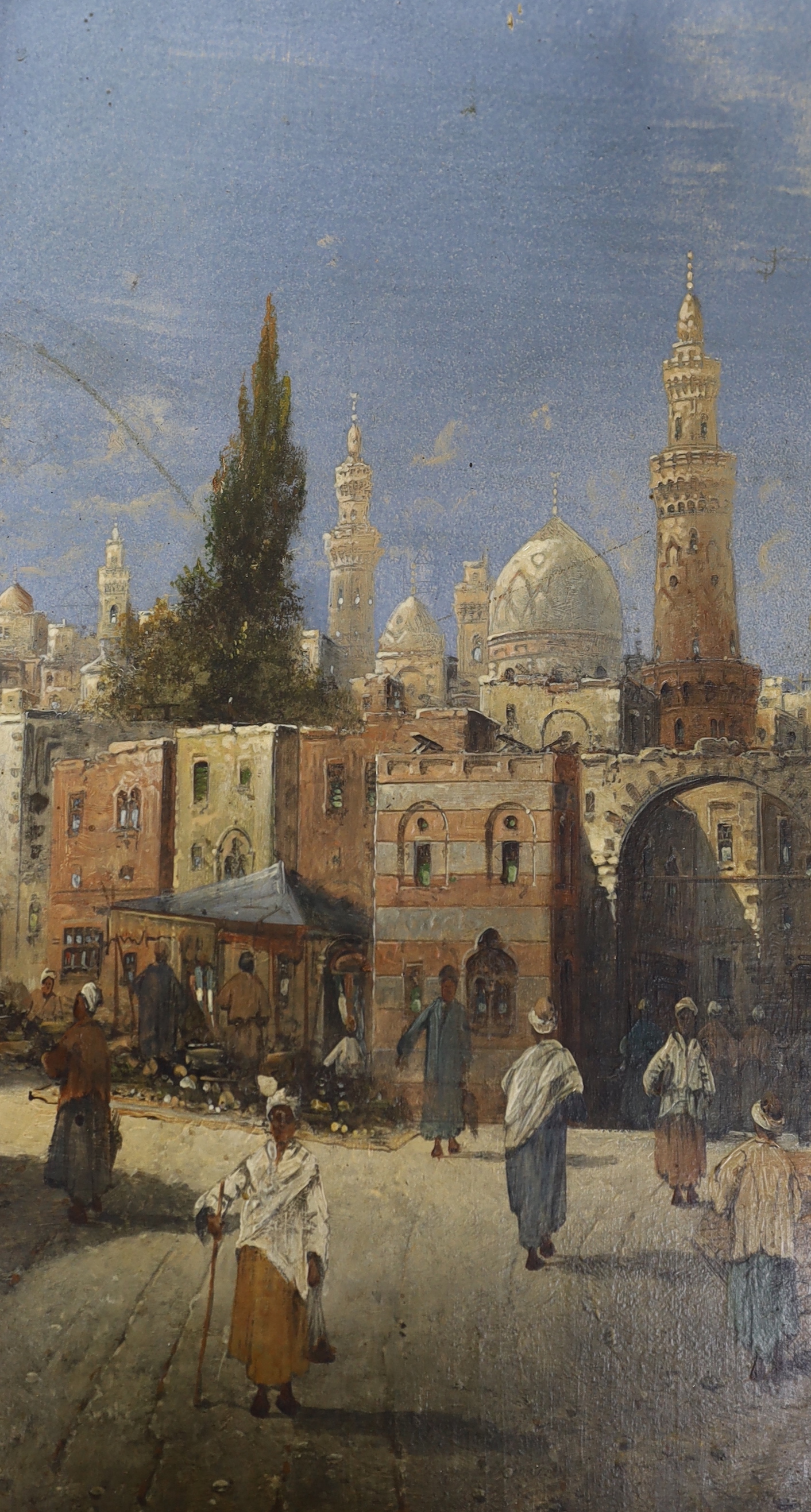 Karl Kaufmann (Austrian, 1843-1905), pair of Orientalist oils on board, Eastern street scenes with figures, each signed, H. Carnier, 30 x 17cm
